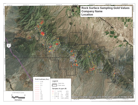 gold assay isoline / contour values from surface rock samples with satelite imagery and topography cartography map