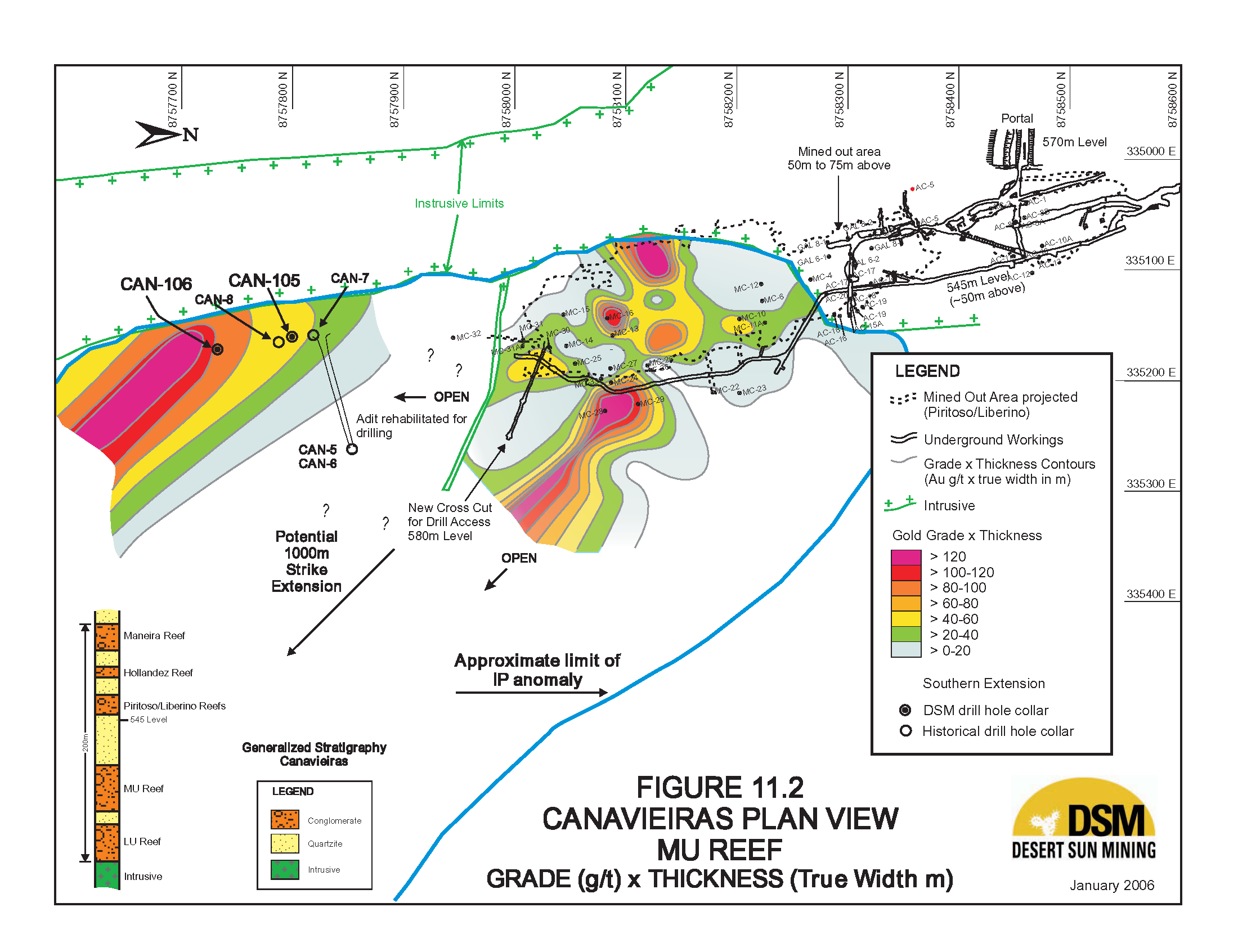 gold assay grade x thickness isoline / contour values, mine workings and geology cartography map