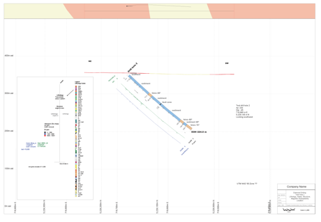 diamond drill hole vertical cross section showing geology / lithology and assay values