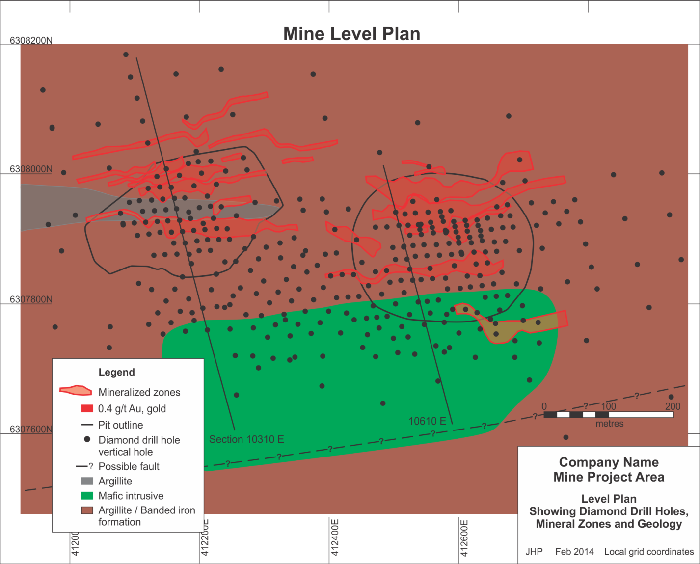 diamond drill hole level plan view showing geology / lithology, mineralized zones and assay values