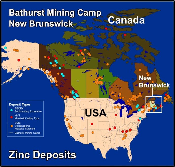 zinc deposits in Canada and USA with Bathurst Mining Camp location map